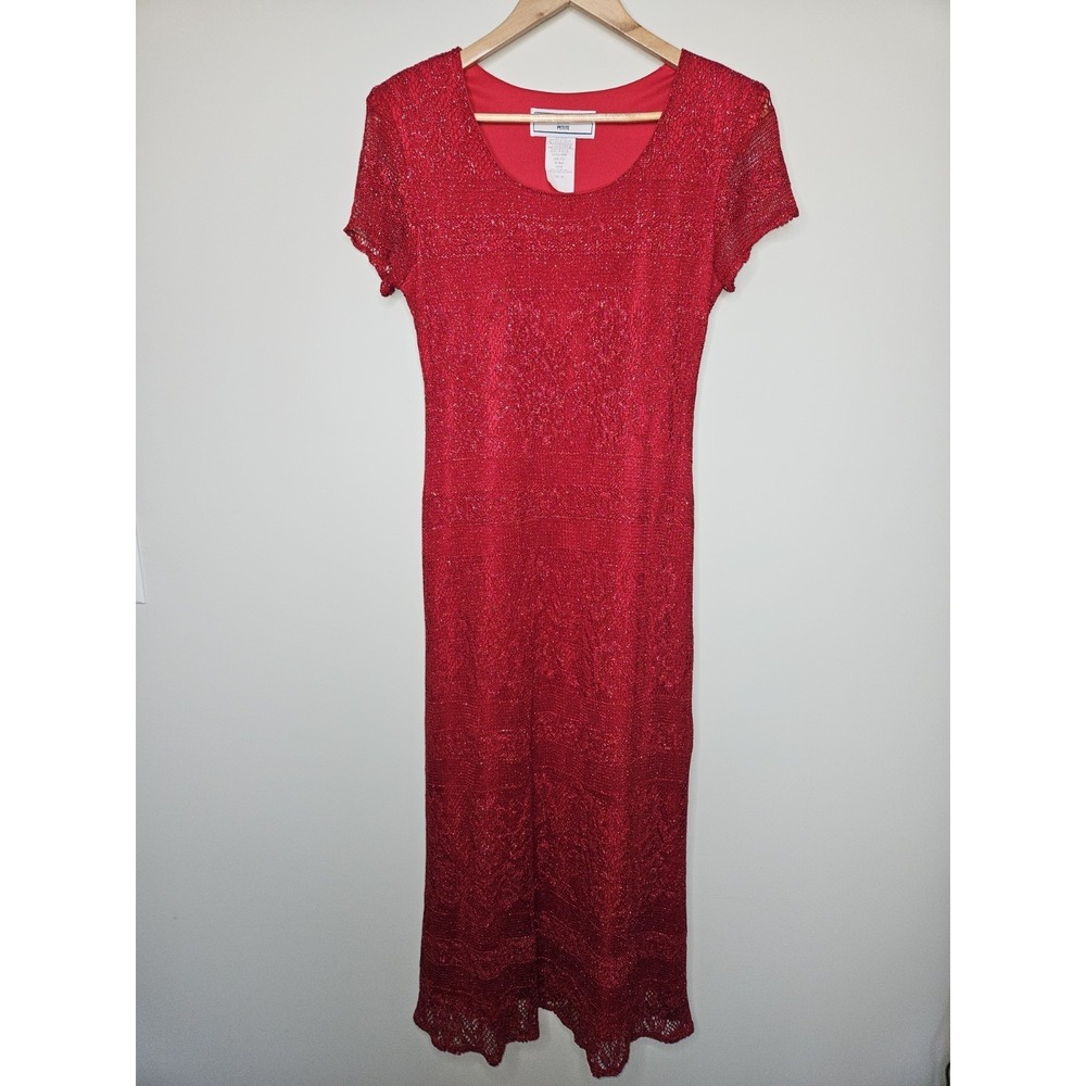 Vintage Jessica Howard Dress 10P Red Mesh Maxi Crochet Slinky Y2K Whimsigoth